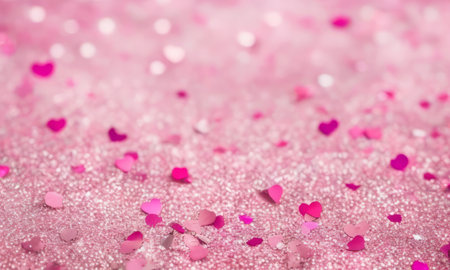 Pink hearts confetti on pink glitter background. Valentine's day backgroundの素材