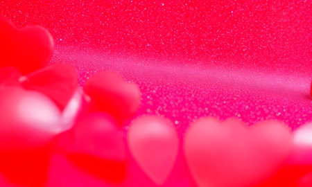 Red heart-shaped balloons on a pink background with water drops.の素材