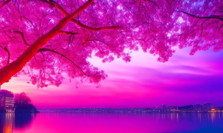 Pink cherry blossom tree at lake in the morning, Taiwan.の素材