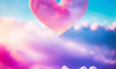 Heart shaped air balloon on sunset sky background. Valentines day conceptの素材