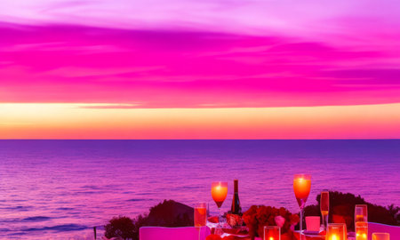 Romantic dinner on the beach at sunset.の素材