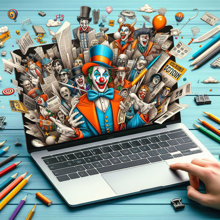 Conceptual image with a man in a clown costume and a laptop on a blue wooden background.の素材