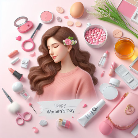 Happy Women's Day. Top view of beautiful woman with makeup products on pink background.の素材