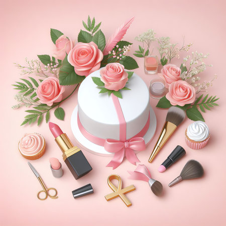 Gift box with cosmetics and roses on a pink background.の素材