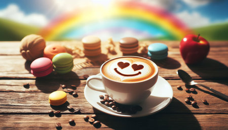 Cup of cappuccino with smiley face on rainbow backgroundの素材