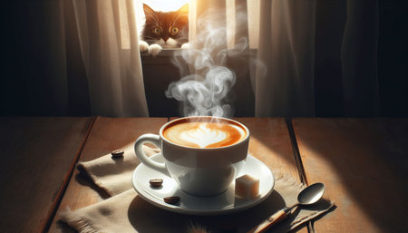 Cup of coffee with a cat on the background of the windowの素材