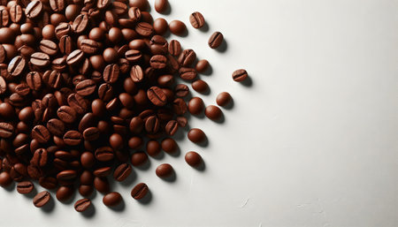 Roasted coffee beans on a light background, top view. Space for textの素材