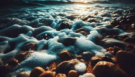 Sea wave and pebbles on the beach at sunset, vintage tonedの素材