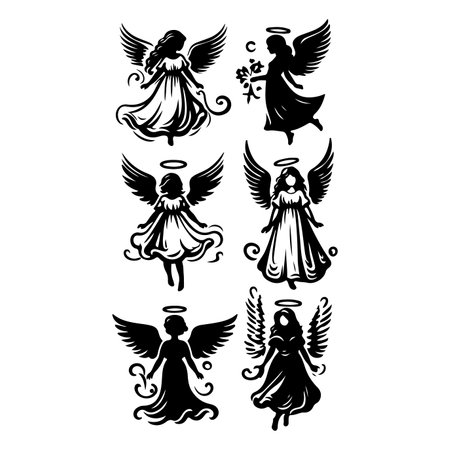 Set of stylized angels. Vector illustration isolated on white background.のイラスト素材