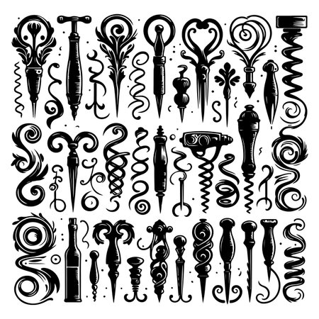 Black silhouette set of various corkscrews, vector illustrationのイラスト素材