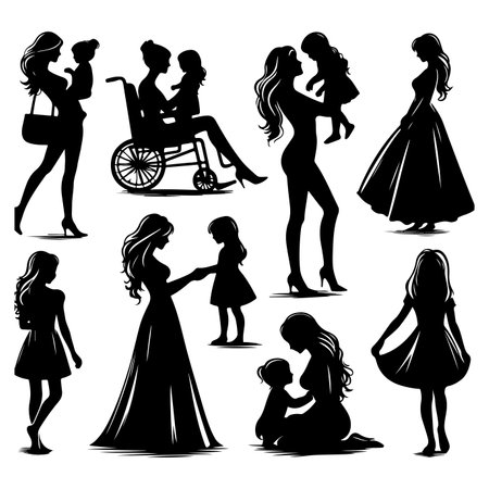 Silhouette set of mother and daughterのイラスト素材