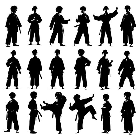 Silhouette set of young karate boys. Vector isolated illustrationのイラスト素材
