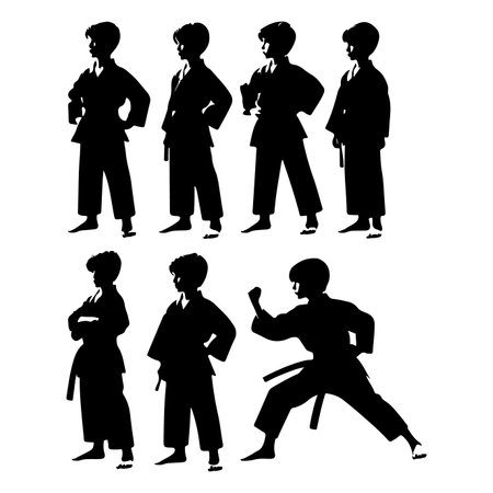 Silhouette set of young karate boys. Vector isolated illustrationのイラスト素材