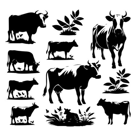 Set of cow silhouettes isolated on a white background, Vector illustration.のイラスト素材