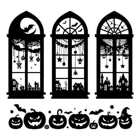 Set of Halloween window silhouettes isolated on a white background, Vector illustration.のイラスト素材