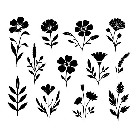 Silhouette set of flower on white backgroundのイラスト素材