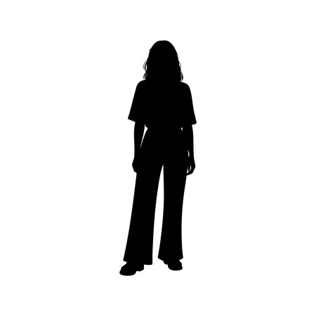 A full body silhouette of a woman wearing a t-shirt and wide leg pants. The silhouette style emphasizes the figure.のイラスト素材