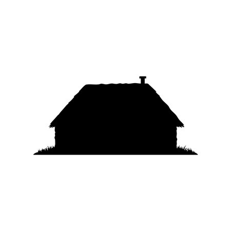 A simple silhouette of a rustic cabin with a thatched roof and chimney. The silhouette style provides a minimalist aesthetic.のイラスト素材
