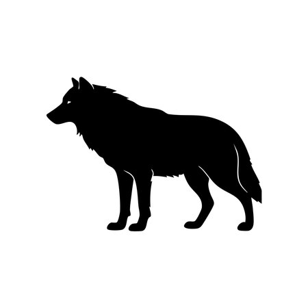 This image features a striking black silhouette of a wolf. The wolf is depicted in profile, standing...