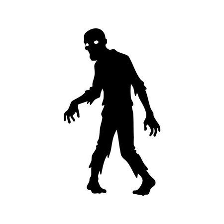 A black silhouette of a zombie with tattered clothing and glowing white eyes. This eerie figure is isolated on a clean white background, perfect for Halloween themes.のイラスト素材
