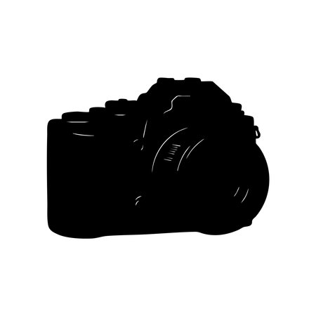 A striking black silhouette of a DSLR camera is presented against a clean white background. This image captures the essence of photography equipment with its distinctive silhouette style.のイラスト素材