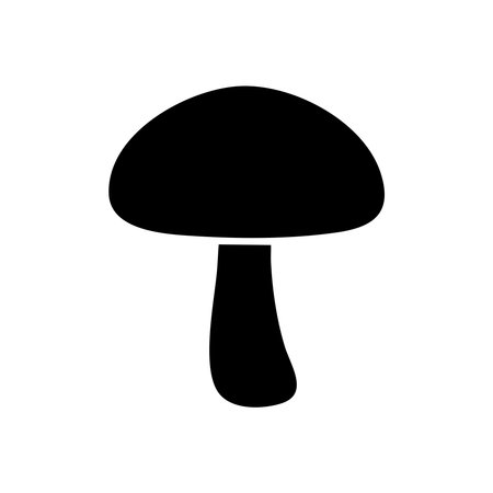 A minimalist depiction of a mushroom rendered as a solid black silhouette. This graphic features an isolated object on a clean white background, highlighting its iconic shape.のイラスト素材