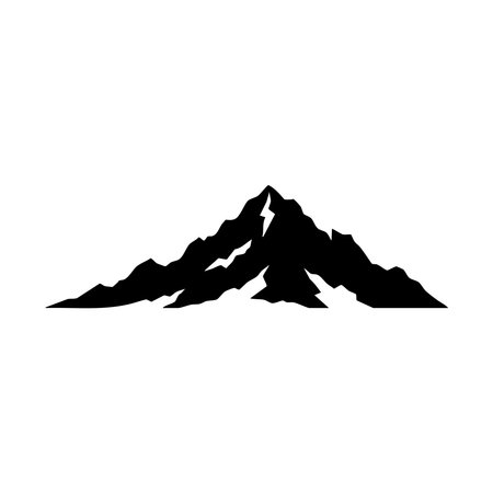 A striking black silhouette of a mountain range with sharp peaks and jagged edges. This graphic is presented clearly isolated on a clean white background, showcasing its silhouette style.のイラスト素材