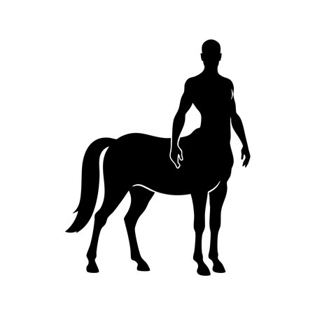 A striking black silhouette of a centaur, a mythical creature with the upper body of a human and the lower body of a horse, presented cleanly on a white background.のイラスト素材