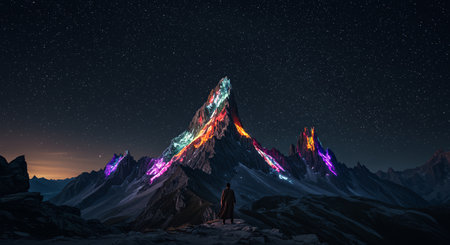 A solitary person stands on a rocky outcrop, observing a dramatic mountain range. The peaks are bathed in striking, colorful lights, resembling an otherworldly aurora against a star-filled night sky.の素材