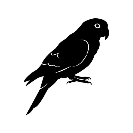 A striking black silhouette of a parrot, presented in a distinctive silhouette style, isolated on a clean white background.のイラスト素材