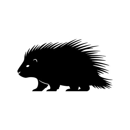 A striking black silhouette of a porcupine walking, presented isolated on a clean white background.のイラスト素材