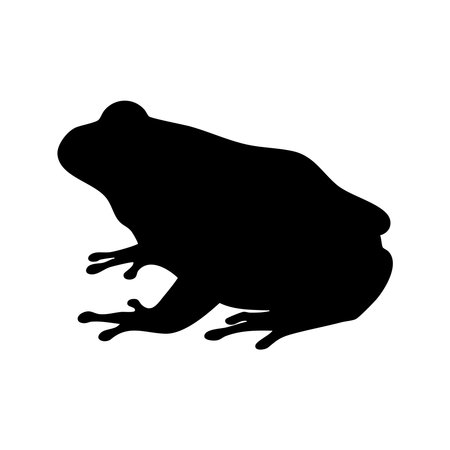 A striking black silhouette of a frog, presented cleanly isolated on a white background, showcasing its distinctive shape.のイラスト素材