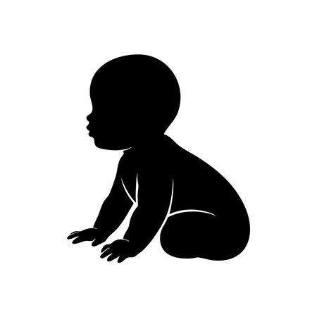 A striking black silhouette of a baby in a sitting position, presented on a clean white background.のイラスト素材