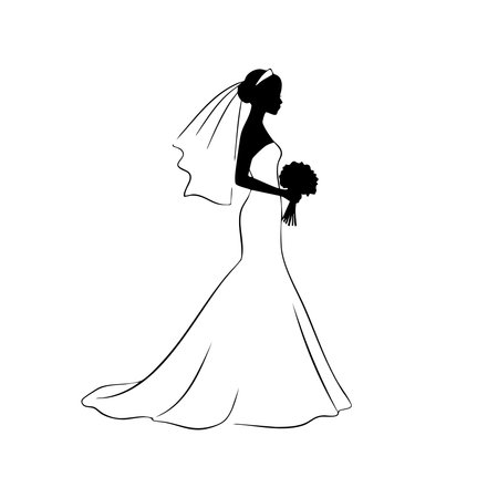 A striking silhouette of a bride in a flowing wedding gown holding a bouquet, presented on a clean white background.のイラスト素材