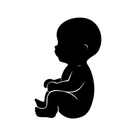 A striking black silhouette of a baby, presented in a sitting pose, isolated on a clean white background.のイラスト素材