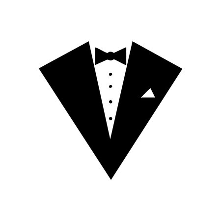 A striking black silhouette of a formal tuxedo with a bow tie, presented isolated on a clean white background.のイラスト素材