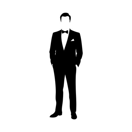 A striking silhouette of a man in a formal tuxedo, presented clearly on a white background.のイラスト素材