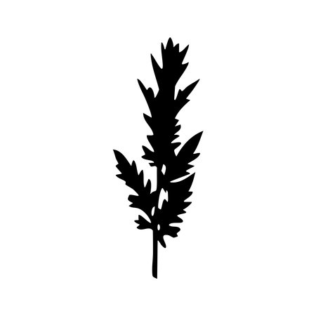 A striking black silhouette of a plant branch with detailed leaves, presented on a clean white background.のイラスト素材
