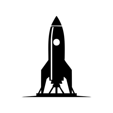 A striking black silhouette of a rocket ship, presented on a clean white background, ready for space exploration.のイラスト素材