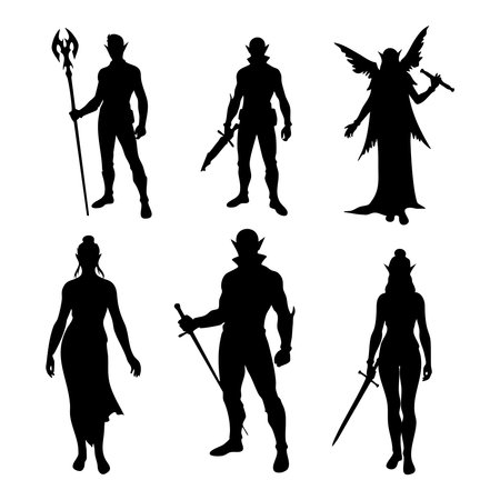 A collection of six fantasy warrior figures depicted in a striking silhouette style, presented isolated on a clean white background.のイラスト素材