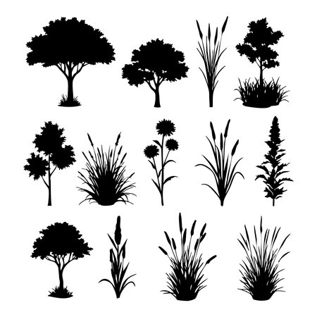 A collection of various plant and tree silhouettes presented in a distinct silhouette style, all isolated on a clean white background.のイラスト素材