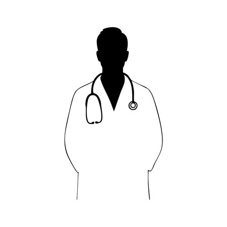A black silhouette of a doctor wearing a lab coat and stethoscope, presented isolated on a clean white background.のイラスト素材