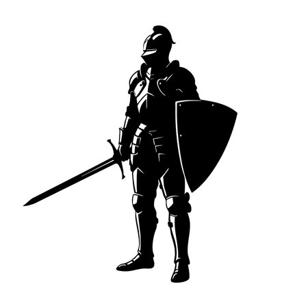 A striking silhouette of a medieval knight in full armor, sword and shield, presented on a clean white background.のイラスト素材