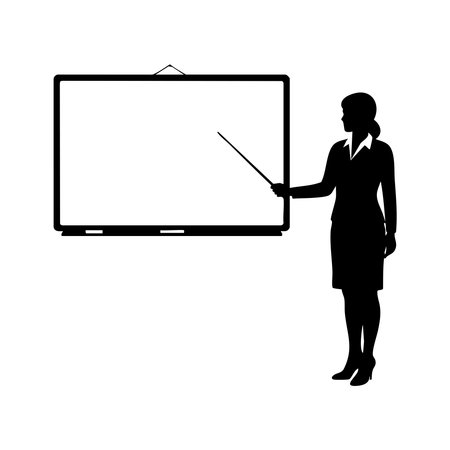 A silhouette of a teacher with a pointer stands beside a blank interactive display, isolated on a white background.のイラスト素材
