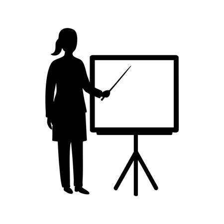 A black silhouette of a woman with a pointer, presenting information on a whiteboard, isolated on a white background.のイラスト素材