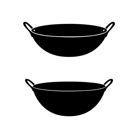 A graphic representation of two wok cooking pans shown in a black silhouette style on a clean white background.のイラスト素材