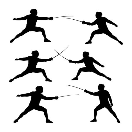 Six dynamic silhouettes of fencers engaged in a duel, presented as an isolated object on a white...