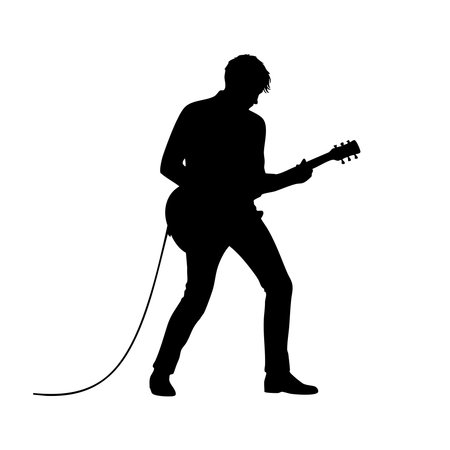 A striking black silhouette of a musician passionately playing an electric guitar, presented isolated on a clean white background.のイラスト素材