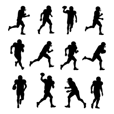 A collection of American football player figures in silhouette, presented on a clean white background, showcasing various actions.のイラスト素材