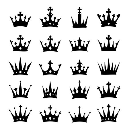 A set of various royal crown silhouettes presented in a classic black style on a clean white background.のイラスト素材
